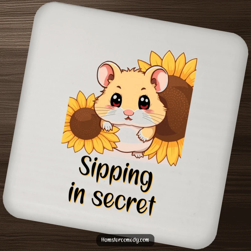 Funny hamster peeking from behind a sunflower seed on a drink coaster, great for gifts.