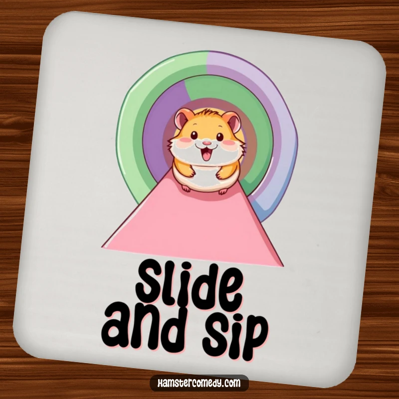 Funny hamster drink coaster featuring a smiling hamster sliding down a colorful tunnel, protecting surfaces with cheerful humor.