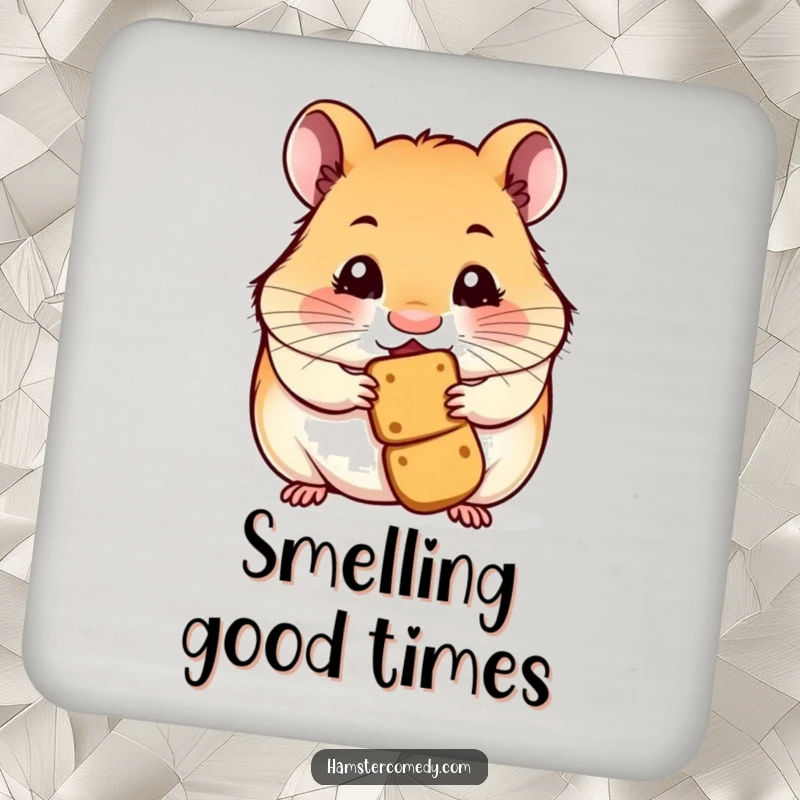 Set of coasters featuring a funny hamster with a twitching nose, smelling a treat, offering protection with charm.