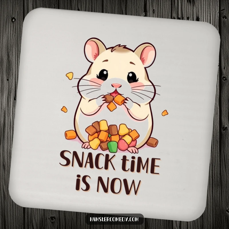 Funny coasters with a kawaii hamster whose cheeks are comically stuffed full of delicious treats.