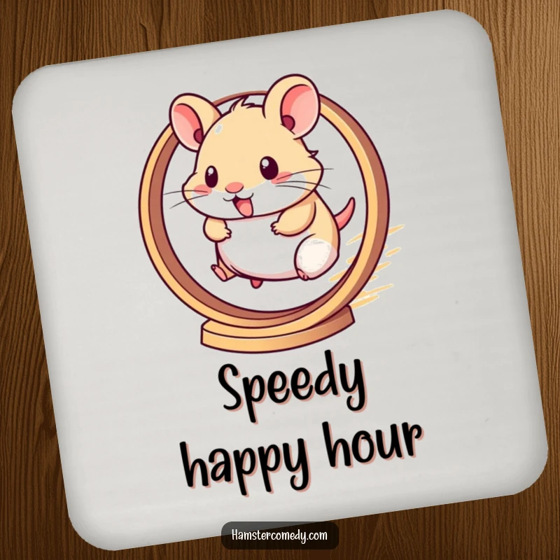 Funny coasters featuring a kawaii hamster running at top speed on its wheel, adding humor to tabletops.