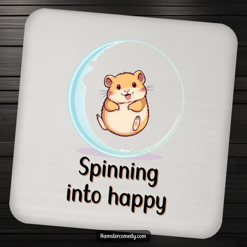 Funny hamster rolling inside a clear ball on a drink coaster, great for gifts.