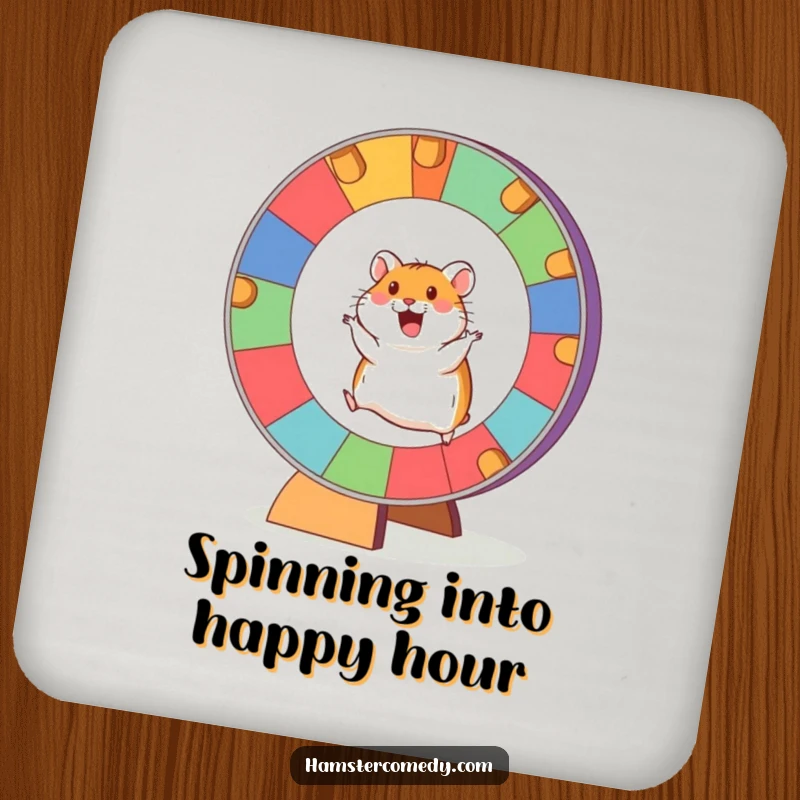 Funny Hamster Coaster with an excited hamster running on a giant, colorful wheel, protecting surfaces with vibrant energy.