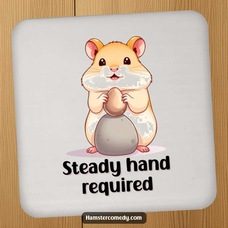 Funny hamster pebble balance drink coaster, featuring a tiny hamster balancing a shiny pebble. Decorative funny gift.