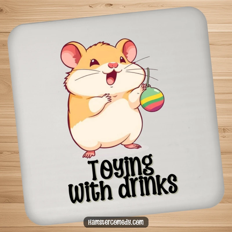 Funny hamster coasters, batting at a dangling toy with excitement, protect surfaces, a functional and humorous gift for home.