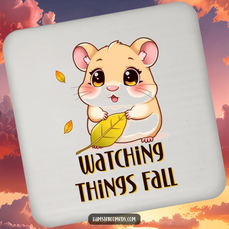 Funny Kawaii Hamster Coaster: Cute hamster with curious eyes focused on a falling leaf, adding a touch of nature-inspired art to surfaces.