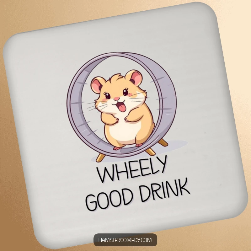 Funny hamster comically spinning in its wheel at high speed, a humorous and functional drink coaster.