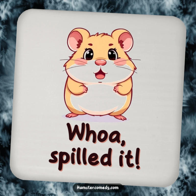 Funny surprised hamster drink coasters with a hamster mid-scurry and shocked expression, adding humor and preventing spills.