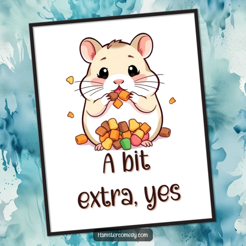 Funny poster of a kawaii hamster with its cheeks comically stuffed full of seeds and treats.