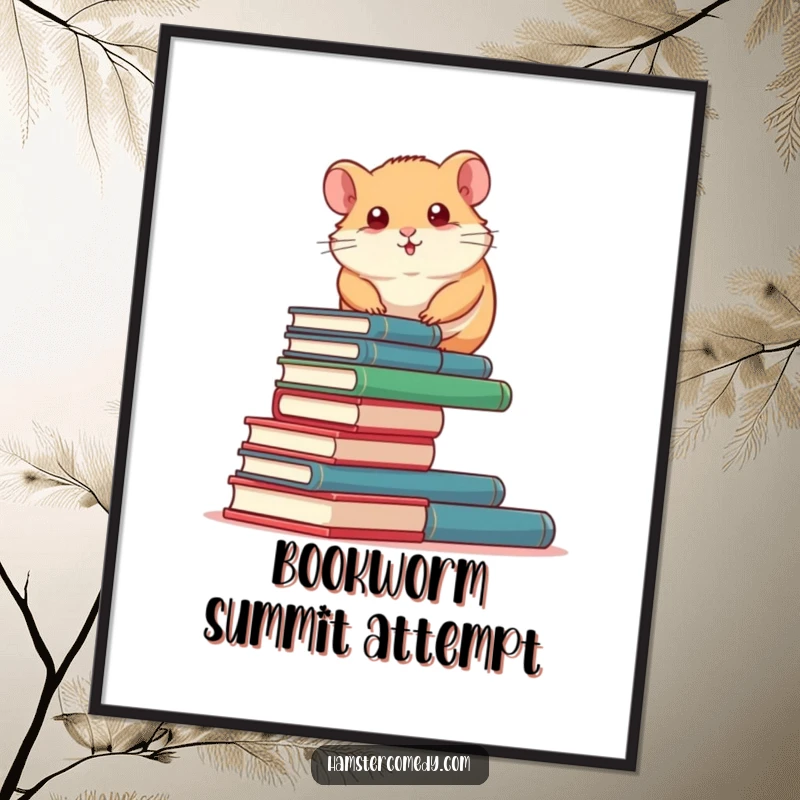 Funny Hamster Poster: A determined hamster humorously climbs a tall stack of miniature books, inspiring and amusing wall art.