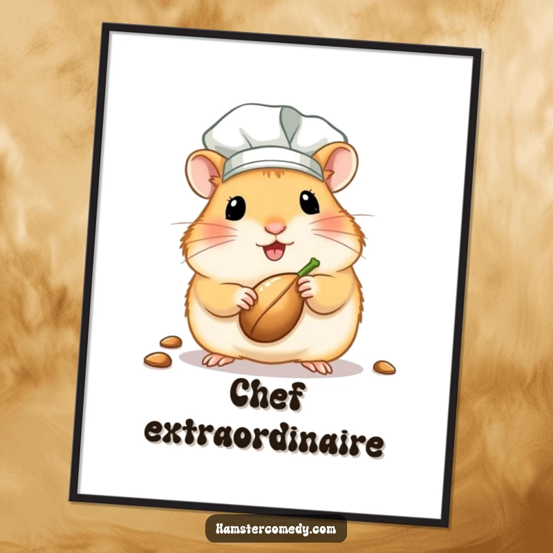 Funny kawaii hamster chef poster featuring a cute hamster in a chef hat, presenting a single seed with a gourmet flourish.