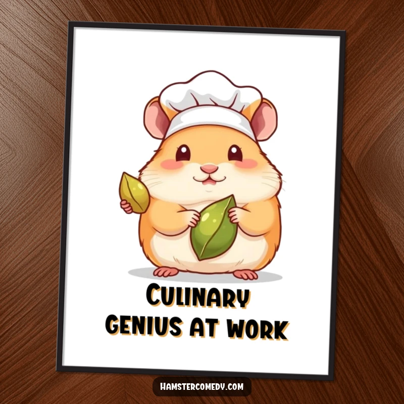 Funny poster of a kawaii hamster wearing a chef hat, presenting a single seed with a flourish.