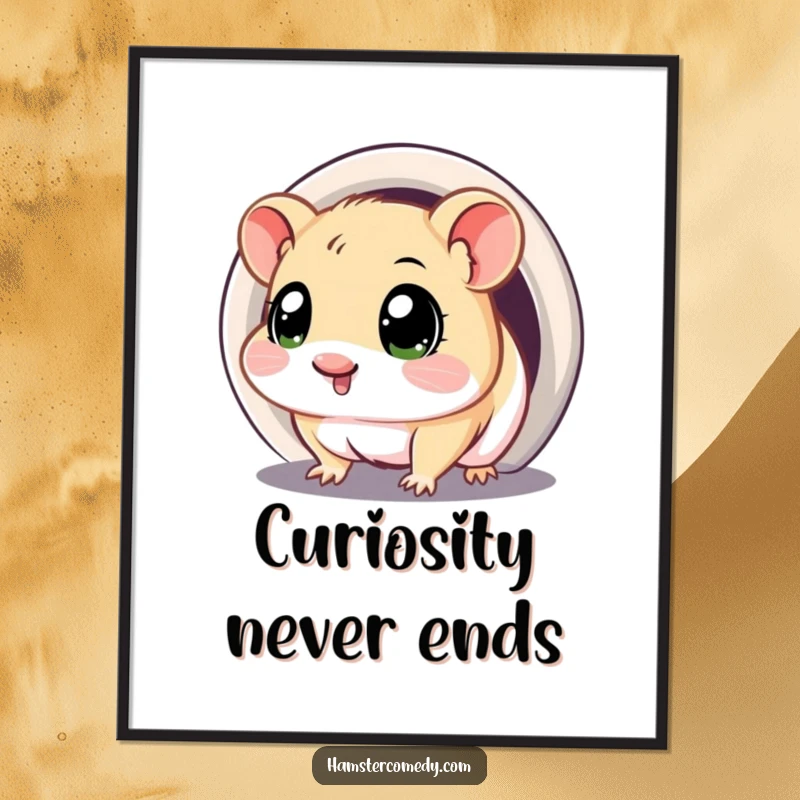 Funny poster of a kawaii hamster with large, curious eyes exploring the dark entrance of a tunnel.