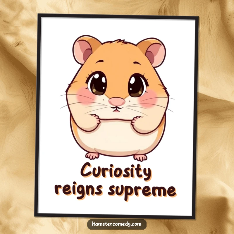 Funny Poster of a kawaii hamster with large, curious eyes sniffing the air, embodying exploration.