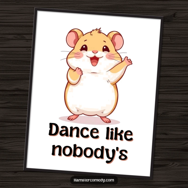 Artistic depiction of a funny hamster doing a happy dance with its front paws joyfully in the air, on a poster.