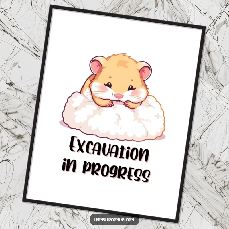 Funny hamster poster depicting a small hamster joyfully digging and playing in an expansive pile of soft, white fluff, radiating happiness.