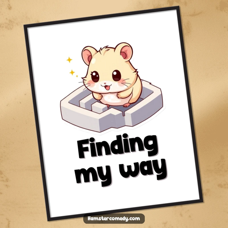 Funny hamster maze poster featuring a character with sparkling eyes exploring, adding adventurous humor to decor, gift idea.