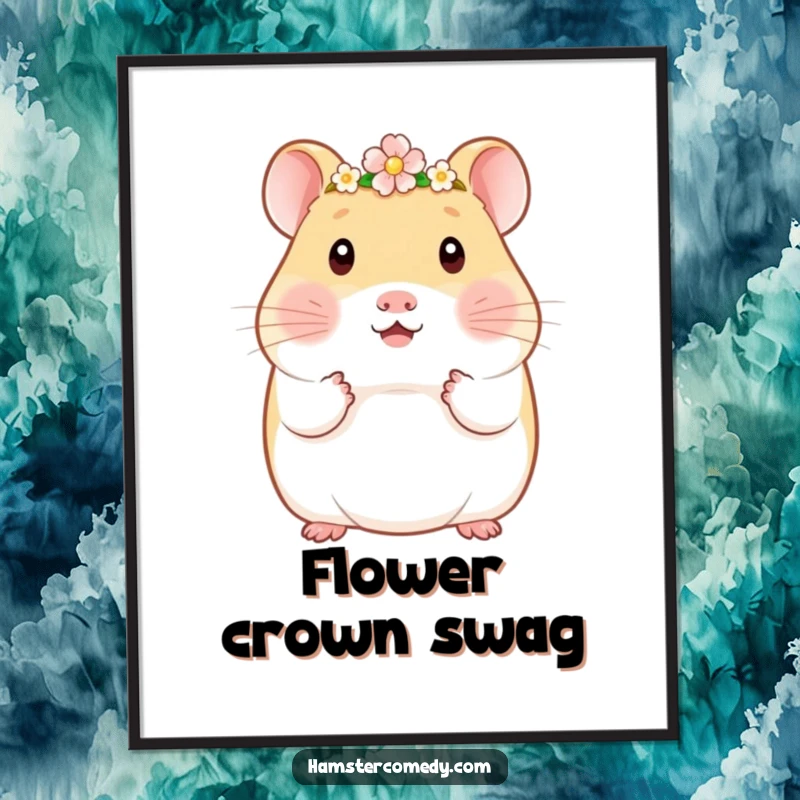 Funny Kawaii Hamster Poster: Adorable hamster wearing a delicate flower crown, creating a sweet and slightly regal piece of wall art.