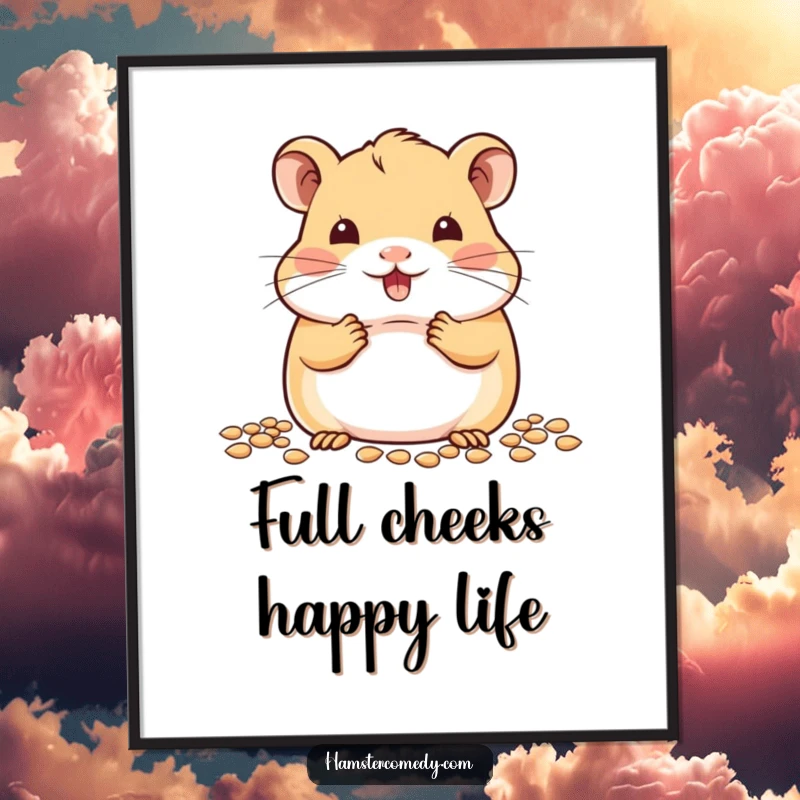 Adorable kawaii hamster with plump cheeks, joyfully eating seeds, on a cute and colorful wall poster.