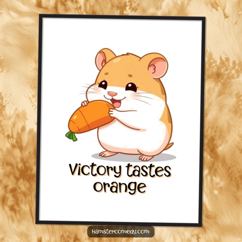 Funny hamster carrying a large carrot with focus, determined expression, wall art poster, perfect funny gift.