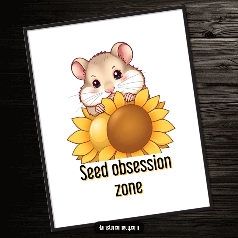 Funny hamster poster depicting a hamster with a curious head tilt, intensely focused on nibbling a gigantic sunflower seed, adding humor to decor.