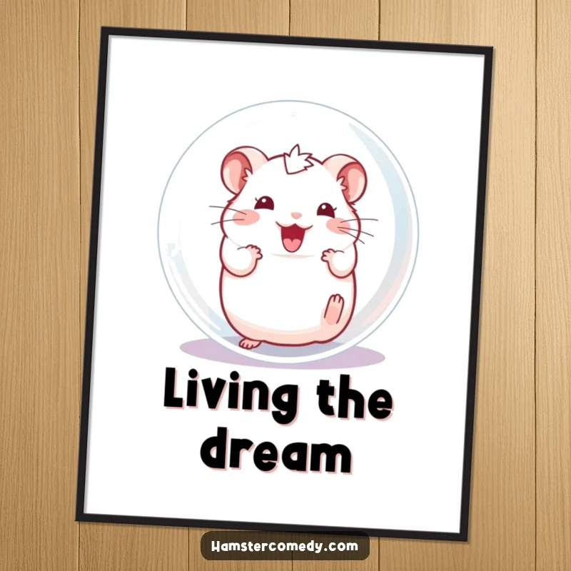 Funny Hamster Poster, capturing an excited character happily rolling inside a transparent ball, full of fun.