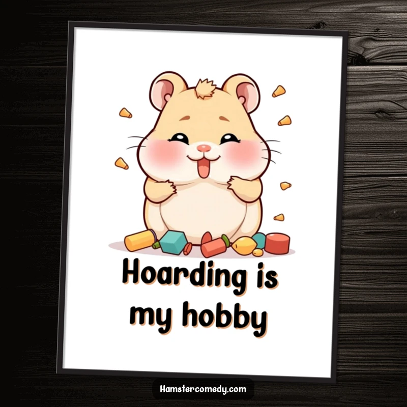 Funny Hamster Poster showing a hamster with very full cheeks comically trying to hoard items, ideal for wall decor.