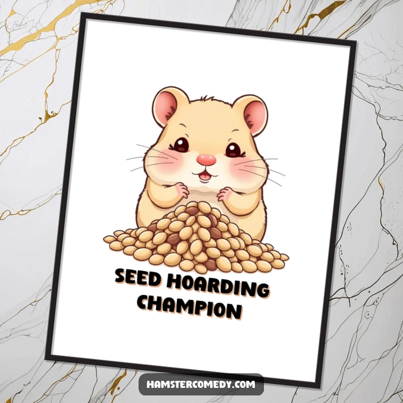 Amusing hamster with comically puffed cheeks, hoarding a mountain of seeds, a funny poster to celebrate preparedness.