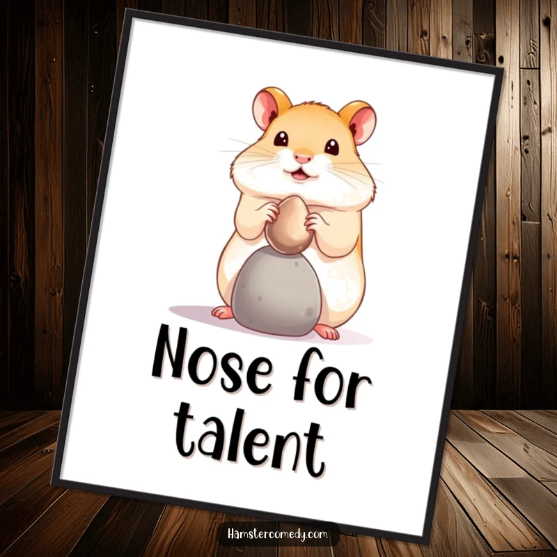 Funny hamster pebble balance poster, showing a tiny hamster balancing a shiny pebble on its nose. Artistic funny gift.
