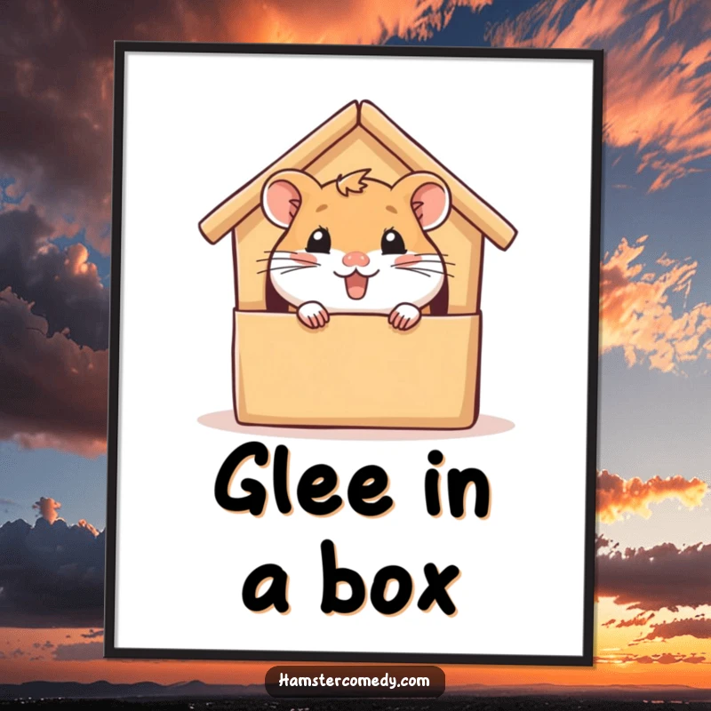 Funny hamster poster, peeking from a cardboard house with glee, whimsical wall art for pet lovers, a humorous and decorative gift.