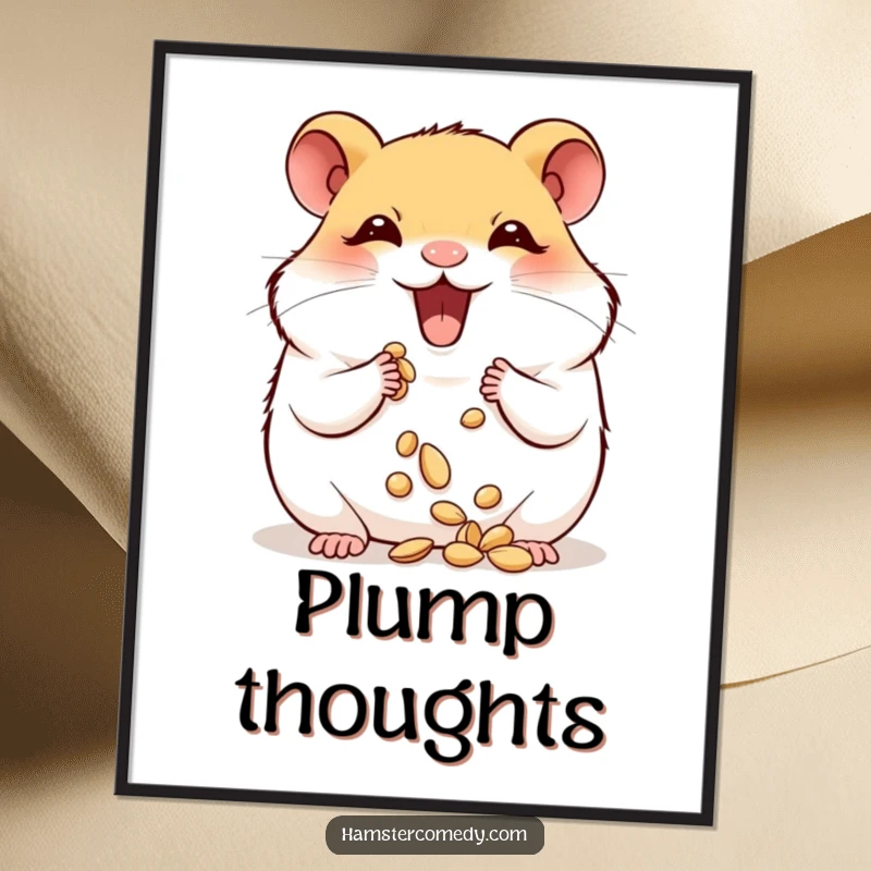 Funny hamster with comically stuffed cheeks overflowing with seeds, humorous wall art.