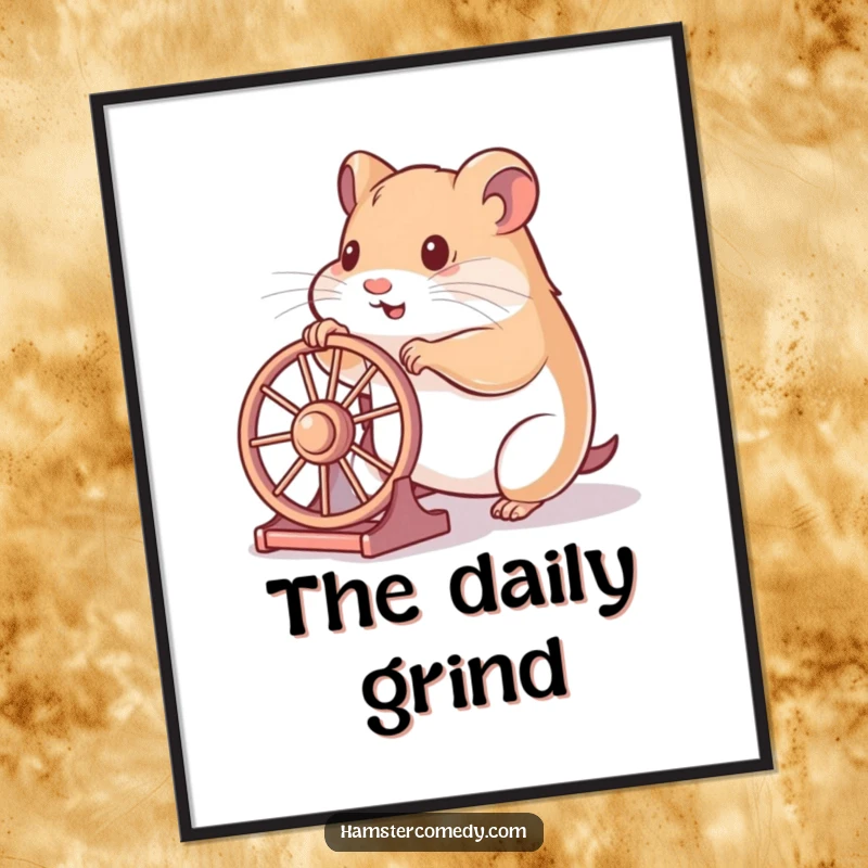 Funny hamster poster depicting a hamster playfully pushing a miniature wheel with its paws, celebrating energy and fun.
