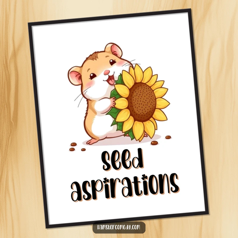 Funny hamster seed struggle poster, showing a tiny hamster with an oversized sunflower seed. Artistic funny gift.