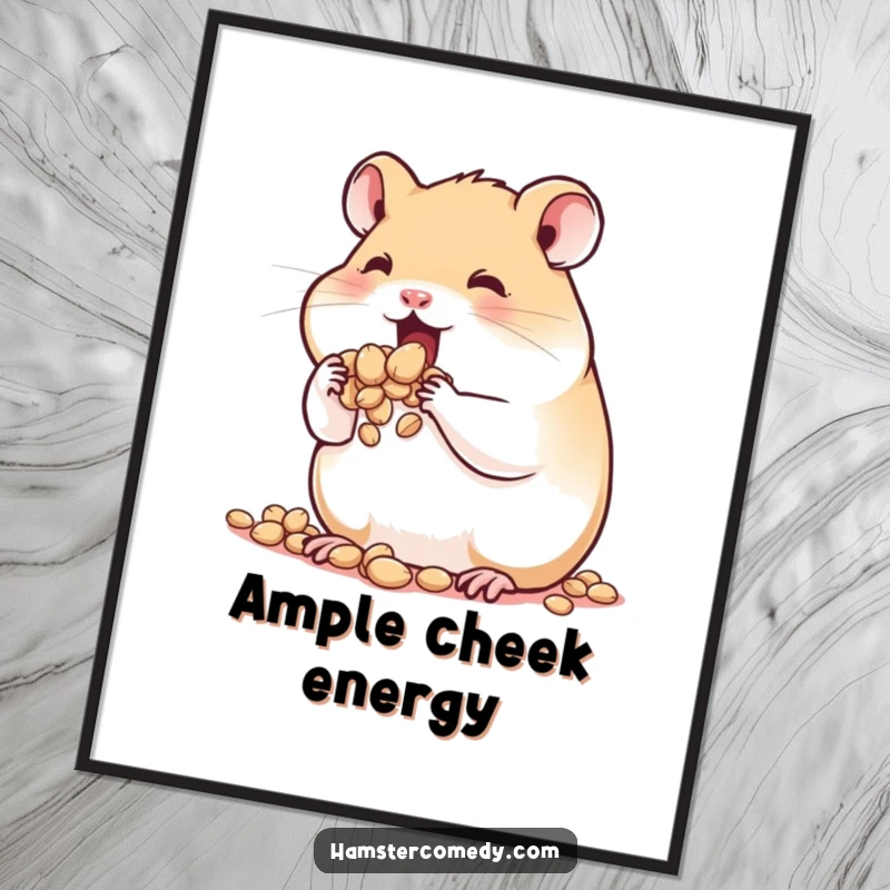 Funny Hamster Poster: A cute hamster with dramatically stuffed cheeks, ready to burst with seeds, showcasing adorable gluttony.