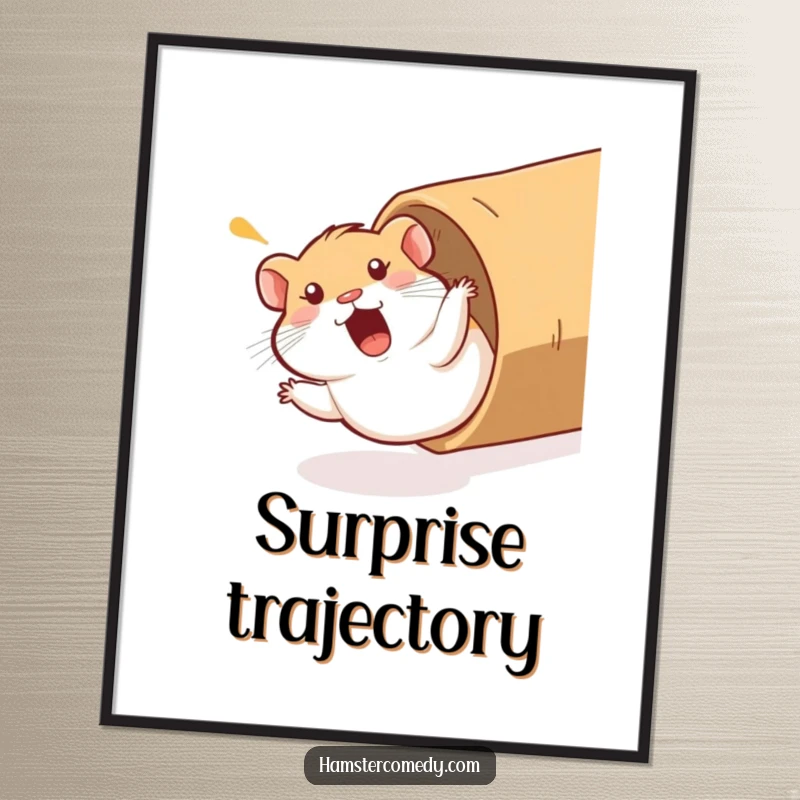 Funny Hamster Poster: A hamster comically sliding down a cardboard tube with a surprised yelp, showcasing hilarious action and pure fun.