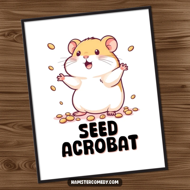 Funny kawaii hamster poster showing a cute hamster masterfully juggling tiny seeds with a look of intense concentration and fun.