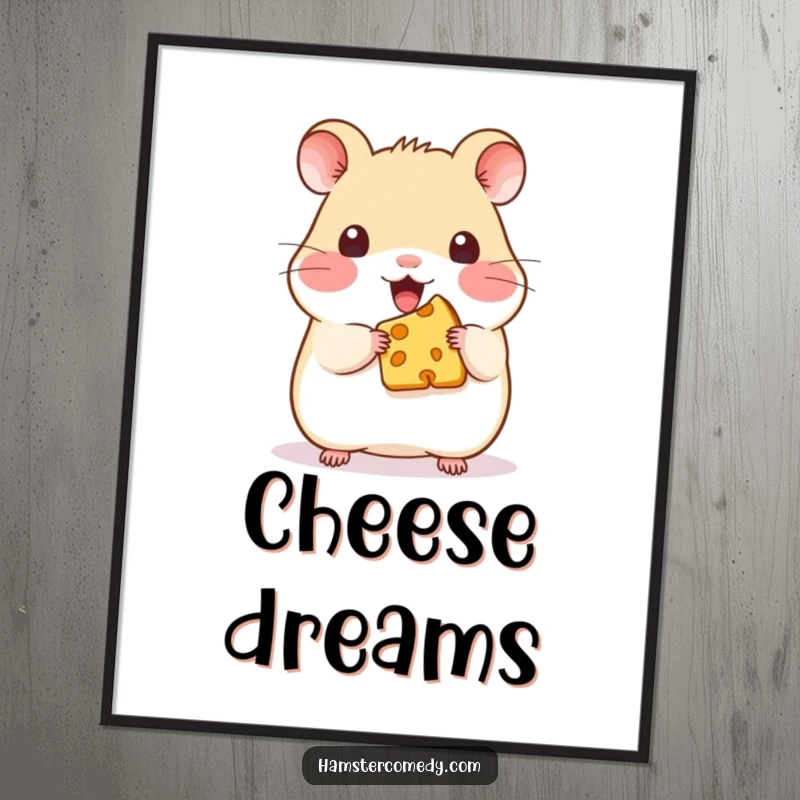 Funny Kawaii Hamster Cheese Poster: Adorable wall art of a cute hamster holding a miniature piece of cheese, bringing joy.
