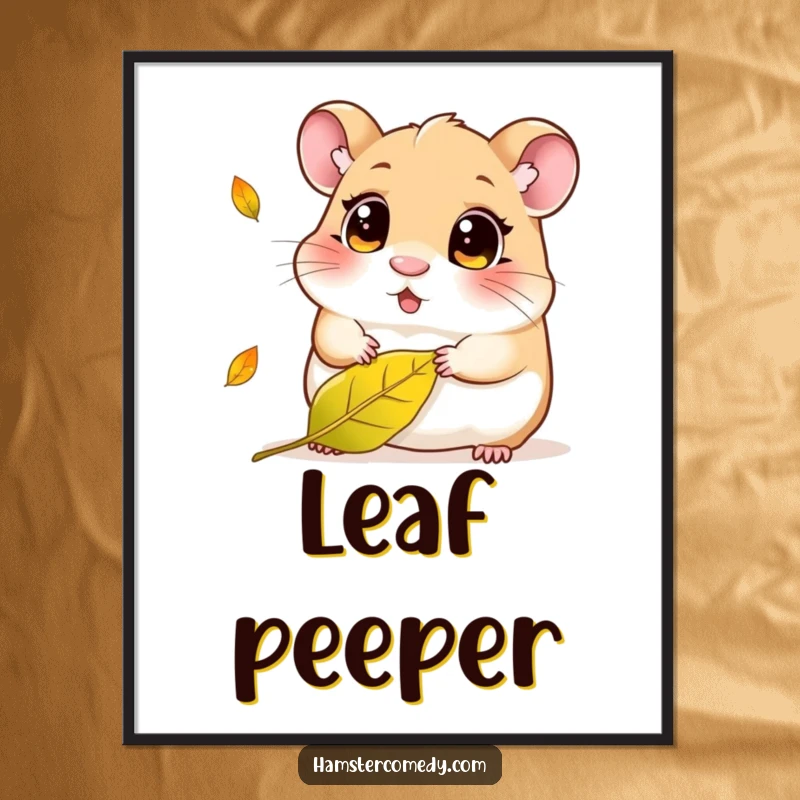 Funny Kawaii Hamster Poster: Adorable hamster with large, curious eyes focused on a falling leaf, creating a serene and heartwarming wall art piece.