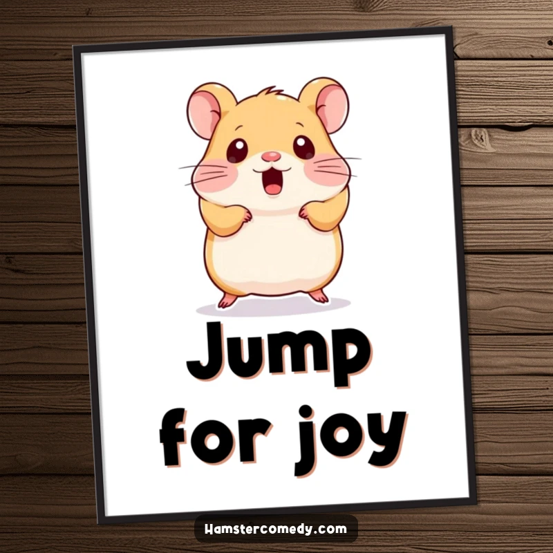 Funny Kawaii Hamster Poster: A vibrant wall art print of a cute hamster mid-jump, expressing comical surprise and excitement.