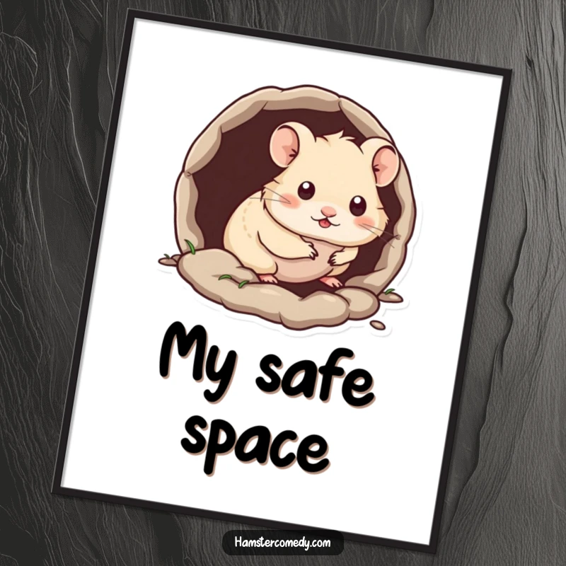 Funny Kawaii Hamster Poster showing a cute hamster peeking out from a tiny burrow, adding shy charm to decor.