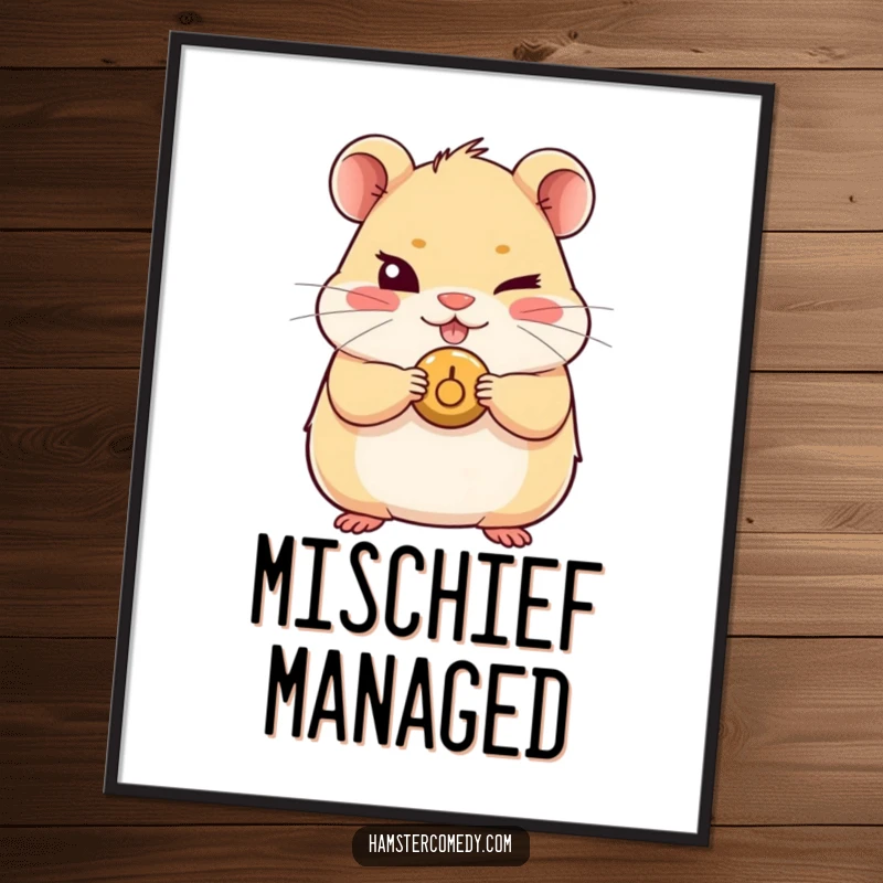 Funny Kawaii Hamster Poster with a cute hamster giving a mischievous wink and holding a tiny button, for humorous decor.