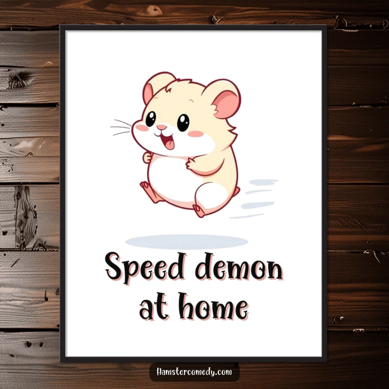 Funny Kawaii Hamster Poster: A cute hamster is depicted running fast on a wheel, adding a motivational and humorous touch to walls.