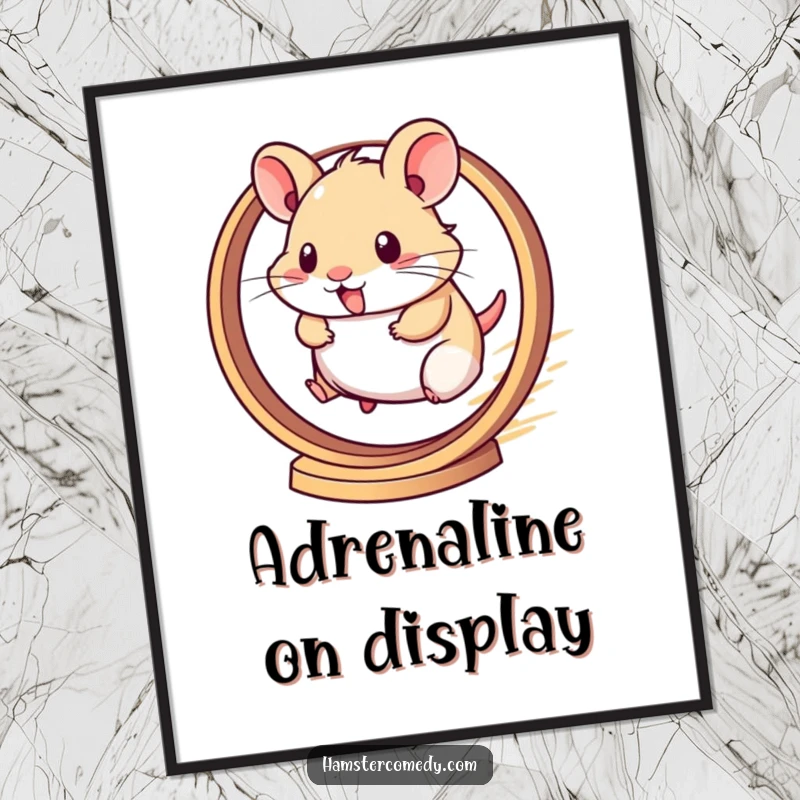 Funny poster showcasing a kawaii hamster running at lightning speed on a hamster wheel, energetic and cute.