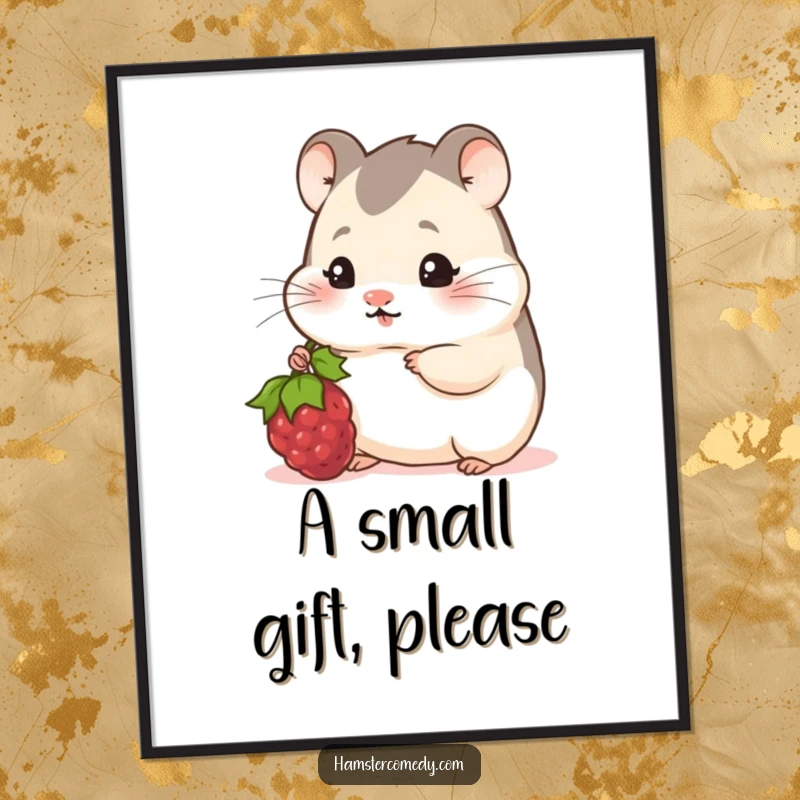 Funny Hamster Poster: A shy hamster peeks out, offering a delicious berry, adding a touch of sweet and funny charm.