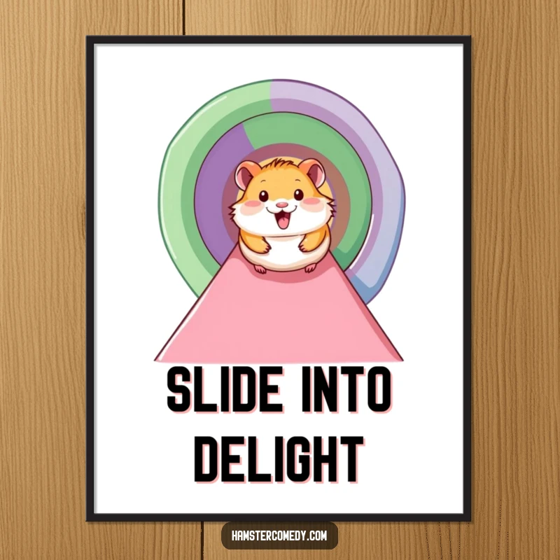 Funny hamster poster depicting a smiling hamster joyfully sliding down a vibrant, multi-colored tunnel, radiating pure happiness.
