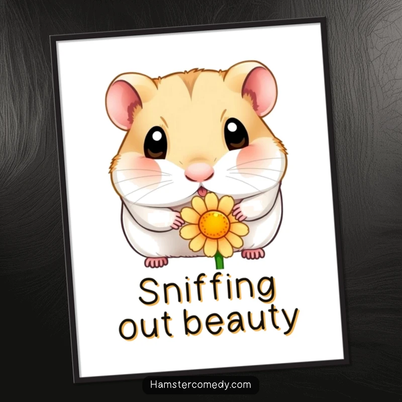 Funny hamster poster illustrating a wide-eyed hamster curiously sniffing a vibrant flower, adding a touch of innocent charm to any room.