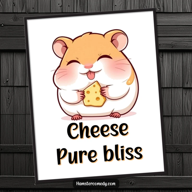 Funny hamster poster, eyes closed, happily munching a tiny piece of cheese, capturing pure bliss and foodie contentment.