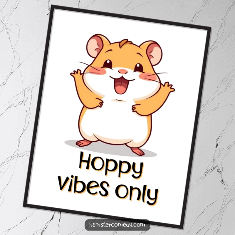 Funny Kawaii Hamster Poster displaying a cute hamster doing a silly hop with excitement, adding energy and humor to decor.