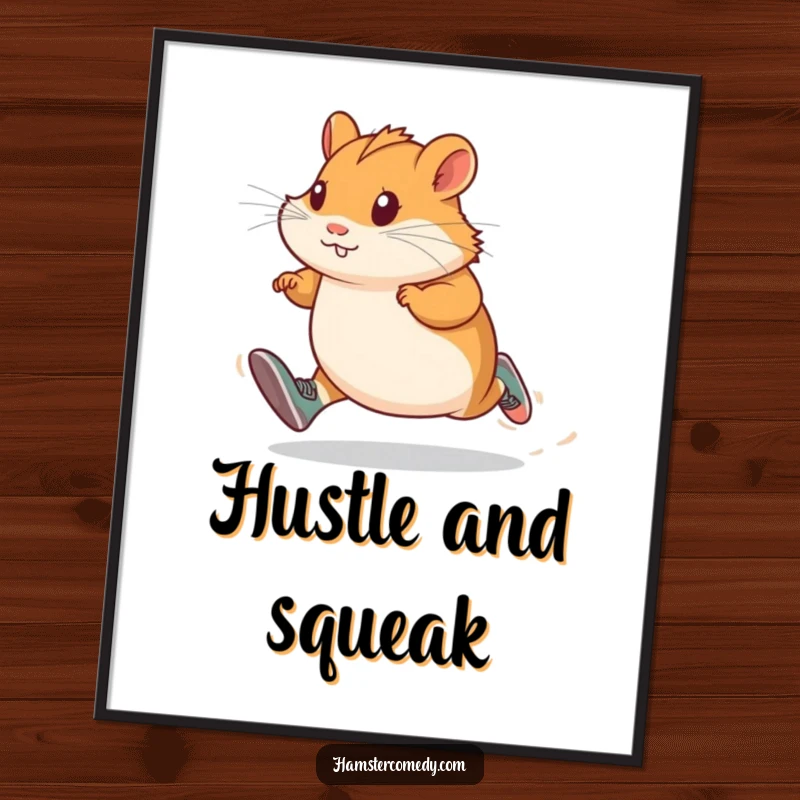 Amusing hamster wearing miniature running shoes, sprinting with a determined look, a motivational and funny poster for any space.