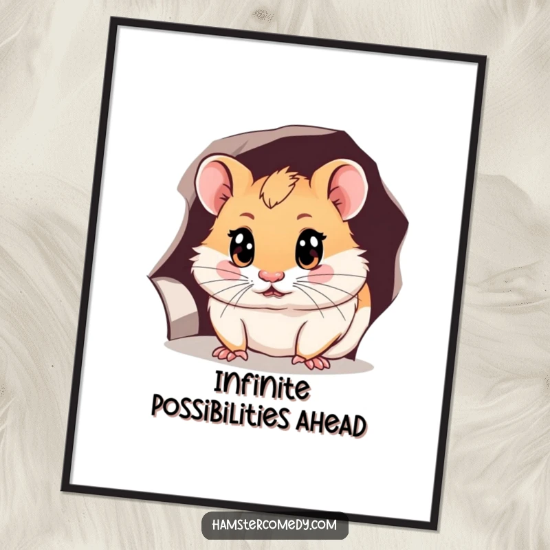 Funny hamster poster depicting a curious hamster with wide eyes peeking into a small hole, adding humor and charm to decor.